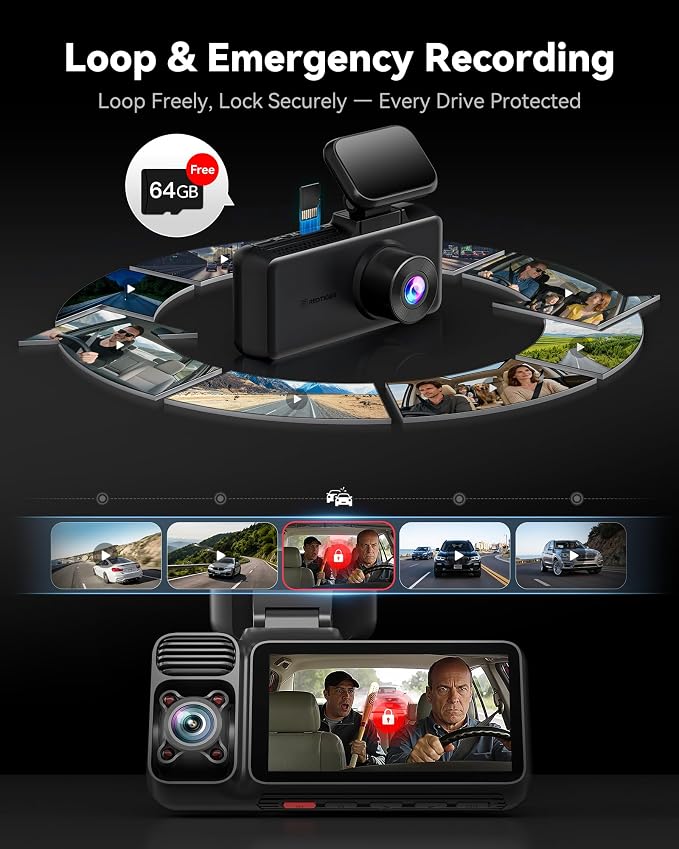 REDTIGER F17 4K 3 Channel Dash Cam, STARVIS 2 IMX675 HDR, 2160P+1080P+1080P Front Inside and Rear Triple Car Camera with 64GB Card, 5.8GHz WiFi GPS, IR Night Vision, G Sensor, WDR, Parking Mode
