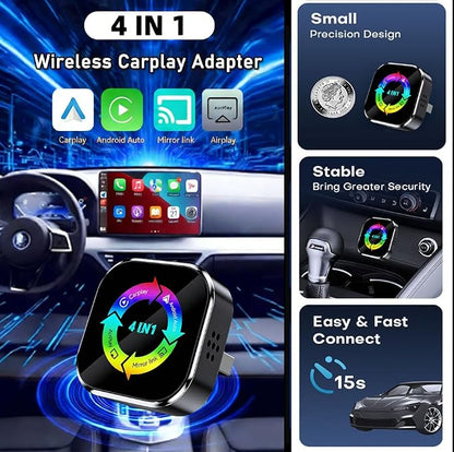 2026 Upgraded 4 in 1 Wireless CarPlay AdapterUltra-mini Size USB Design Wired to Wireless Adapter for Apple Carplay & Android Auto & Airplay & Mirror Link, Plug and Play