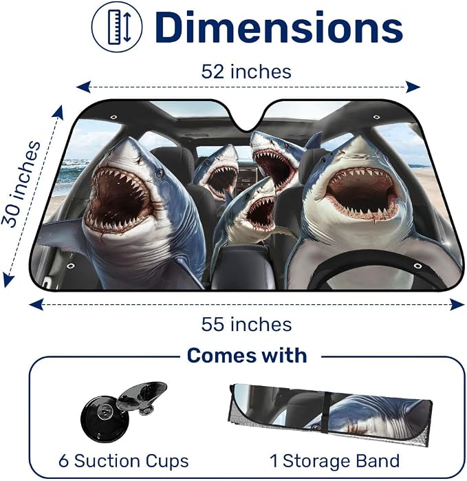 GENANY Shark Windshield Cover for Car SUV Truck (55x30 Inches), Foldable Heat Shield, Shades for Front Windows, Protector Blocks UV, Car Decor