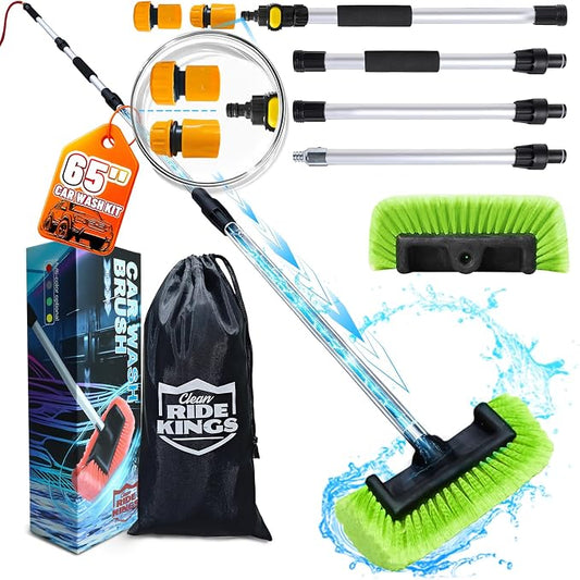 Flow-Thru Wash Brush with Universal Garden Hose Adapter, 65" Extendable Aluminum Cleaning Pole for RV Truck House Siding & Solar Panels, Soft Bristle Scrub Broom (Green)