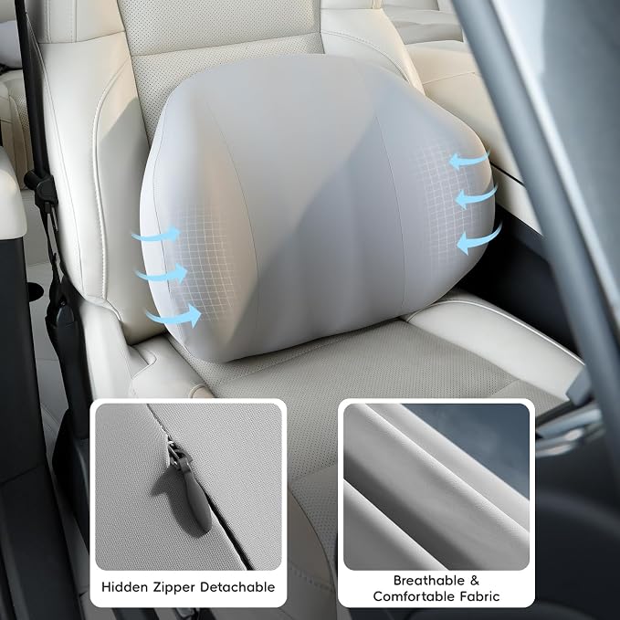 BEBAS Lumbar Support Pillow for Car & Office Chair - Ergonomic Memory Foam Back Cushion for Lower Back Pain Relief, Back Support, Removable Washable Cover, Ideal for Driving, Work, Travel - Gray