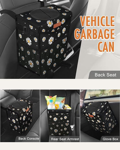 Pritent Car Trash Can with Lid, Cute Leakproof Car Trash Garbage Bag Hanging Vehicle Trash Bin Small Portable Automotive Garbage Cans Organizer for Back/Front Seat/Console(2.8 Gallons,Black Flower)