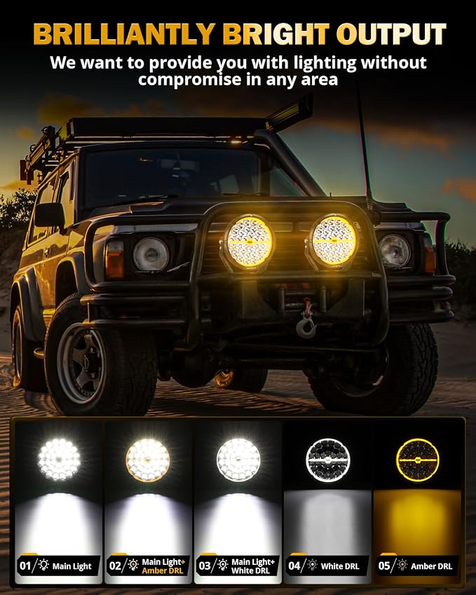 Auxbeam RAY-L Series 9 Inch Round Offroad Light with Amber White DRL 318W 34180LM LED Driving Lights Spot Beam Spotlights Off Road Lighting Pod Lights for Jeep Truck ATV