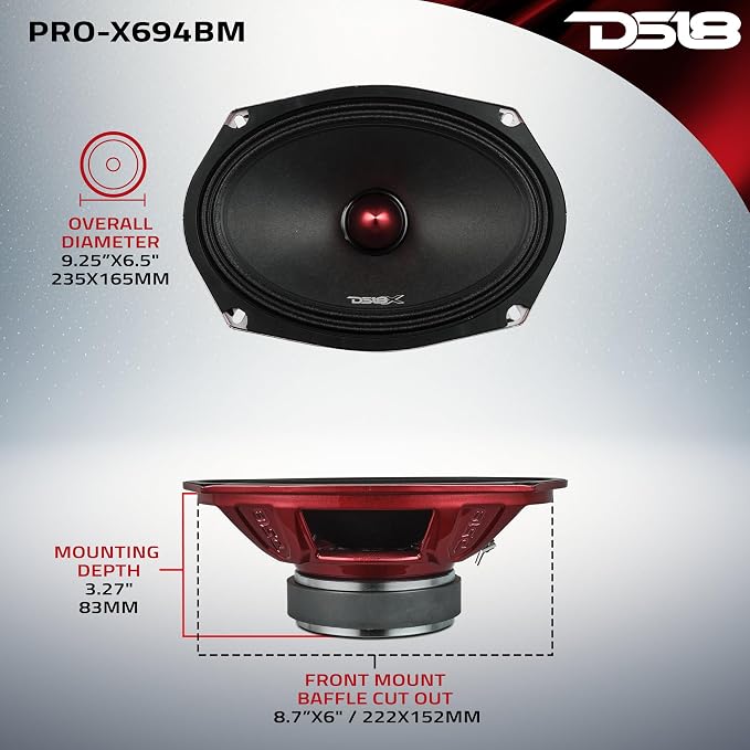 DS18 PRO-X694 BM Loudspeaker - 6x9, Midrange, Red Aluminum Bullet, 400W Max, 200W RMS, 4 Ohms - Premium Quality Audio Door Speakers for Car,Truck and Motorcycle Stereo Sound System (1 Speaker)