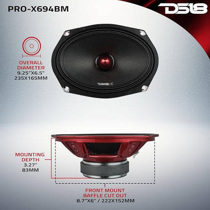DS18 PRO-X694 BM Loudspeaker - 6x9, Midrange, Red Aluminum Bullet, 400W Max, 200W RMS, 4 Ohms - Premium Quality Audio Door Speakers for Car,Truck and Motorcycle Stereo Sound System (1 Speaker)