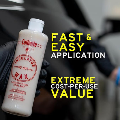 Collinite 845 Insulator Wax - Carnauba+Polymer Sealant, High Gloss, Durable Beading & Long-Lasting Paint Protection for Cars, Boats, Trucks, RVs, Motorcycles (16 fl oz) with 2 Microfiber Blocks Combo