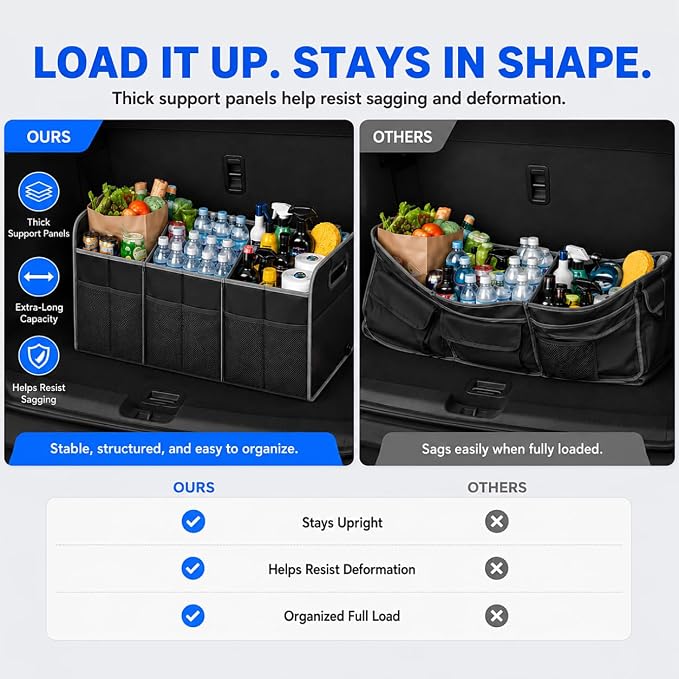 XL Car Trunk Organizer, 4 Compartments, 94L Capacity, Oxford Polyester 600D Material, Easy Fold and Store, Prevents Sliding | Rugged & waterproof large storage box. Features 94L capacity, 6 large mesh pockets & non-slip base for SUV, garage, camping