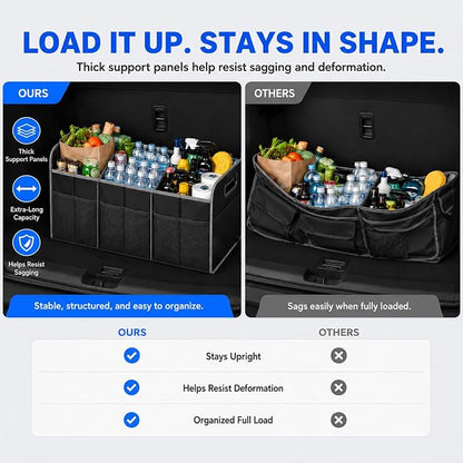 XL Car Trunk Organizer, 4 Compartments, 94L Capacity, Oxford Polyester 600D Material, Easy Fold and Store, Prevents Sliding | Rugged & waterproof large storage box. Features 94L capacity, 6 large mesh pockets & non-slip base for SUV, garage, camping