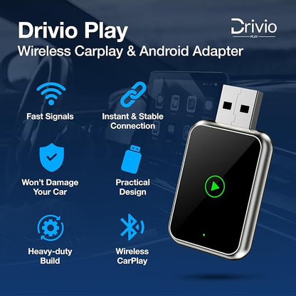 Drivio Wireless CarPlay Adapter for iPhone & Android | USB CarPlay Wireless Adapter with Screen Mirroring | 2026 Bluetooth Car Play Dongle Apple Play for Car Accessories Android Auto USB C & A