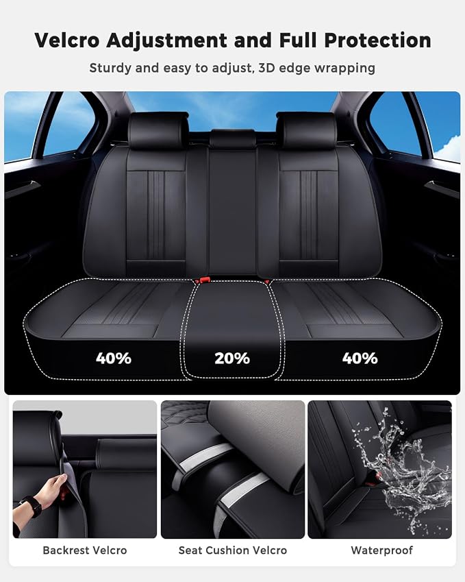 Huidasource Back Seat Cover, Luxury Faux Leather Rear Seat Cover, Velcro Adjustable, Compatible with Child Seat, Perforation Cooling＆Heating, Universal Fit for Most Cars, Vans, Trucks, SUVs, Black