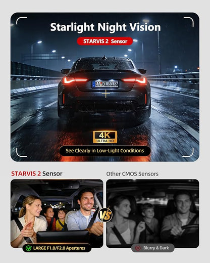 3 Channel Dash Cam Front and Rear, 4K Dash Camera for Cars STARVIS 2 HDR Night Vision, 24H Parking Mode, 64GB Card Included, Dashcam Built-in 5.8GHz WiFi GPS