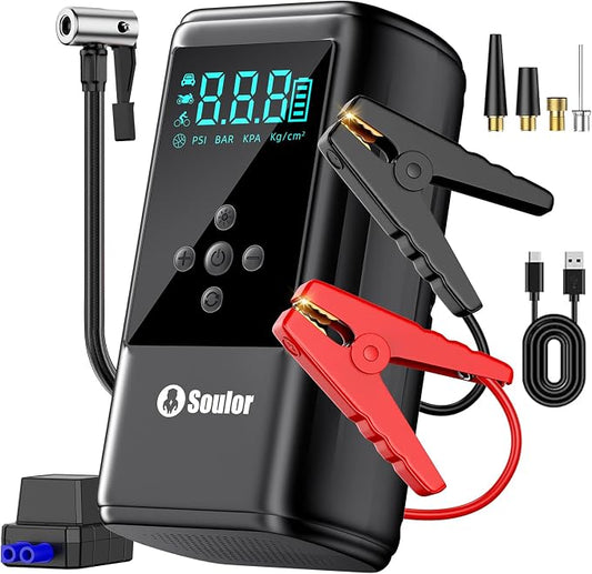 Jump Starter with Air Compressor, 6000A Car Battery Jumper Starter with 160 PSI Tire Inflator Portable, LED Display for 10L Diesel All Cars Engines, Jumper Cables and Light