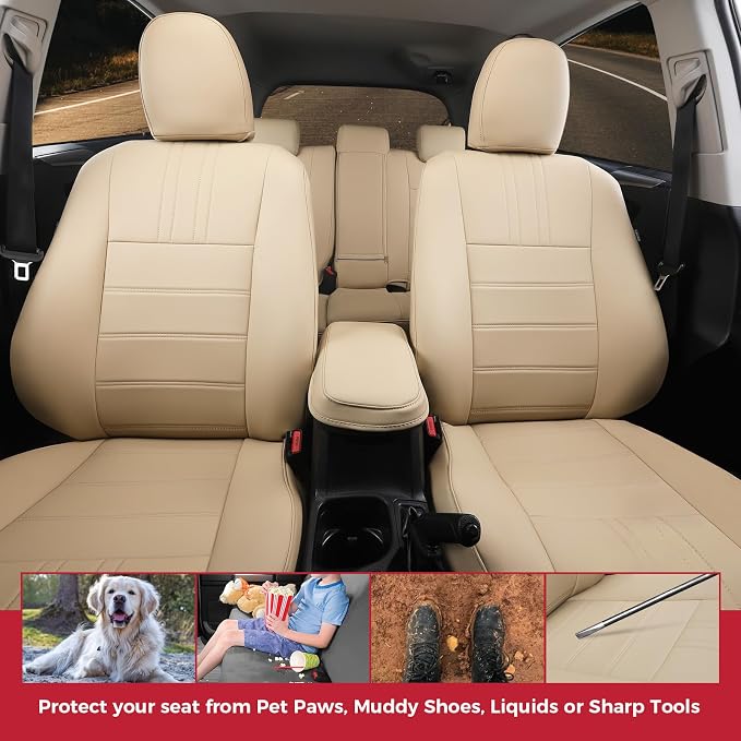 FREESOO RAV4 Seat Covers Full Set Custom Fit for Toyota Rav4 Gasoline LE (NOT for Hybrid) 2013 2014 2015 2016 2017 2018, Faux Leather Car Seat Cover, Airbag Compatible, Beige