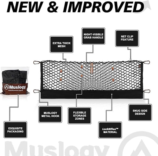 Muslogy Truck Bed Cargo Net Trunk Netting Compatible with Jeep Gladiator 2020-2025 2026 JT Accessories, Pickup Cargo Organizer SUV Sedan Storage Net w/Heavy Duty Carabiners