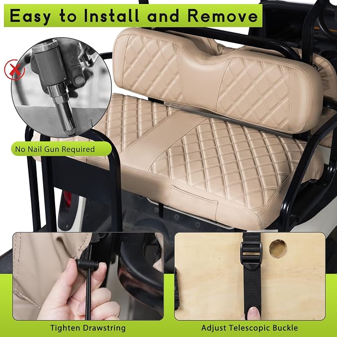 Full Set Golf Cart Seat Covers for EZGO RXV OEM, Beige | Front & Rear Set (2-Piece), Premium Vinyl Leather Replacement Standard Cushion Covers, No Tools Needed & Easy to Clean