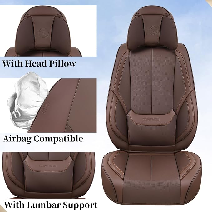Coverado Front and Back Seat Covers, 5 Pieces Waterproof Nappa Leather Auto Seat Protectors Full Set with Head Pillow, Universal Car Accessories Fit for Most Sedans SUV Pick-up Truck, Brown
