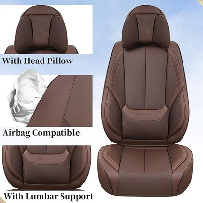 Coverado Front and Back Seat Covers, 5 Pieces Waterproof Nappa Leather Auto Seat Protectors Full Set with Head Pillow, Universal Car Accessories Fit for Most Sedans SUV Pick-up Truck, Brown
