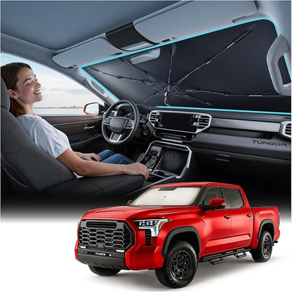 Nmoiss Windshield Sun Shade Umbrella for Toyota Tundra 2007-2026 Accessories, [Vinyl Coating Heat Shield] Protect Car from Sun Rays & Heat Damage Keep Cool and Protect Interior