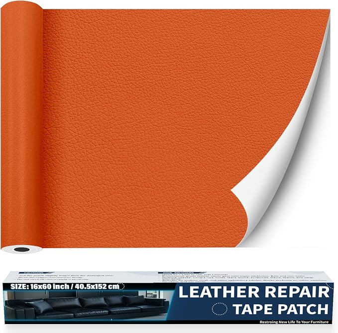 Zenyao Leather Repair Patch Tape - Self Adhesive Leather Repair Kit for Car Seat Furniture, Heavy Duty Vinyl Repair Patch for Couch Sofa, Waterproof Fix for Tears, 16x30 Inch Roll, Orange