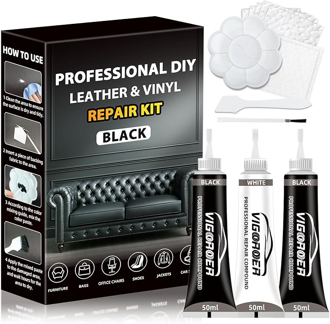 Vigorder Leather Repair Kit for Furniture, Vinyl Repair Kit for Furniture, Sofa, Jacket, Purse – Super Easy Instructions to Fix Scratches, Tears, Holes, and Peeling (Black)