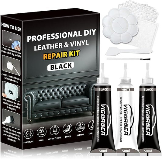 Vigorder Leather Repair Kit for Furniture, Vinyl Repair Kit for Furniture, Sofa, Jacket, Purse – Super Easy Instructions to Fix Scratches, Tears, Holes, and Peeling (Black)