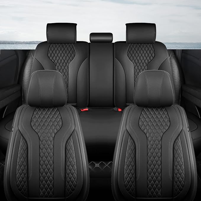 Leather Car Seat Covers Full Set, Breathable Faux Leather Seat Covers for Cars SUV Sedan Waterproof Black