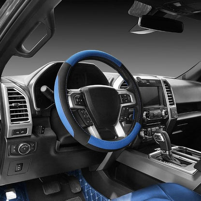 SEG Direct Car Steering Wheel Cover for F-150 Tundra Range Rover 15.5-16 inch, Black and Blue Microfiber Leather