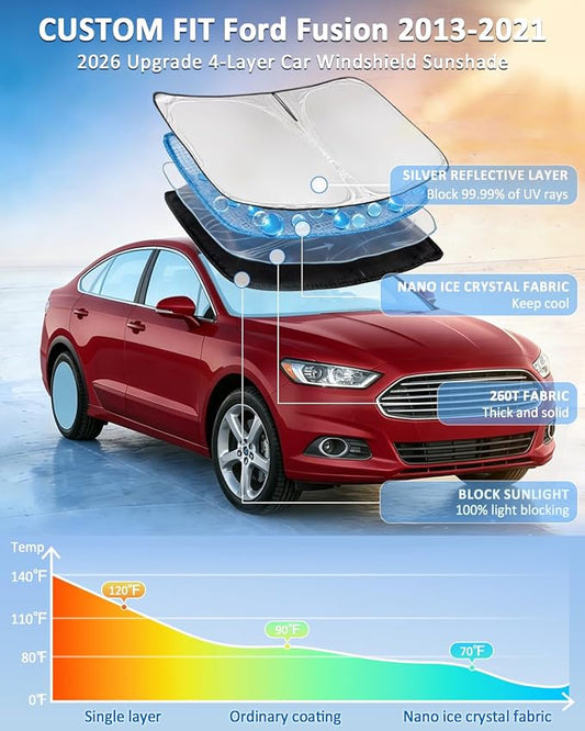 for Ford Fusion Sun Shade 2013-2021 - 4 Layers Car Sunshades for Front Windows Shade Cover Custom Fit Fusion Sun Visor 250T Retractable Shade Blocks UV Rays Car Accessories