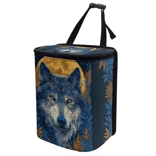 Talayituse Moon Wolf Leaf Print Car Trash Bin, Large Size Auto Trash Can Adjustable Portable Garbage Can with Lid, Vehicle Hanging Bag for Headrest Front Back Seat