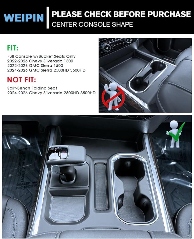 Refreshed Models 2022-2026 Chevy Silverado 1500/GMC Sierra 1500&2024-2026 Sierra 2500HD 3500HD 2PCS Center Console&Armrest Cup Holder Inserts - Full Console w/Bucket Seats Only