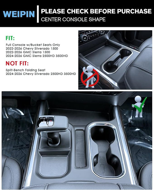 Refreshed Models 2022-2026 Chevy Silverado 1500/GMC Sierra 1500&2024-2026 Sierra 2500HD 3500HD 2PCS Center Console&Armrest Cup Holder Inserts - Full Console w/Bucket Seats Only