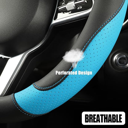 Microfiber Leather D Shaped Steering Wheel Cover, Breathable, Anti Slip, 13.5 inch to 14 inch, Black with Blue