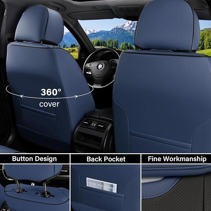 Coverado Front and Back Seat Covers for Cars, Nappa Leather Car Seat Covers Full Set, Waterproof Carseat Protector Seat Cushion, Luxury Automotive Seat Covers Universal Fit for Most Cars(Blue&Black)