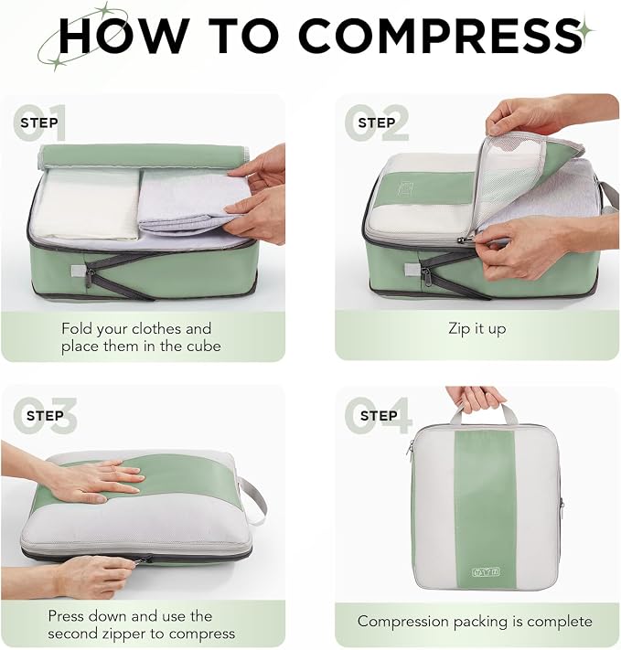 OlarHike 10-Pack Compression Packing Cubes for Travel Essentials,Compressible Expandable Packing Cubes for Suitcase,Luggage Garment Bags for Travel,Handy Helper for Organizing Clothes(Matcha Green)