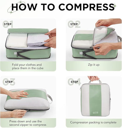 OlarHike 10-Pack Compression Packing Cubes for Travel Essentials,Compressible Expandable Packing Cubes for Suitcase,Luggage Garment Bags for Travel,Handy Helper for Organizing Clothes(Matcha Green)