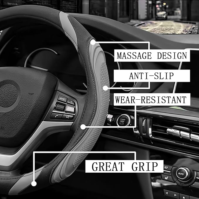 Osilly 15 Inch Car Leather Steering Wheel Cover, Automotive Accessories Elastic Breathable Anti-Slip Soft Wheel Protector Fits Men and Women, Suitable for SUVs, Trucks, Vehicles and RVs (Gray)