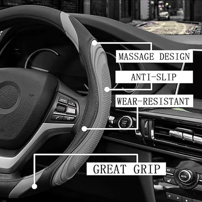 Osilly 15 Inch Car Leather Steering Wheel Cover, Automotive Accessories Elastic Breathable Anti-Slip Soft Wheel Protector Fits Men and Women, Suitable for SUVs, Trucks, Vehicles and RVs (Gray)