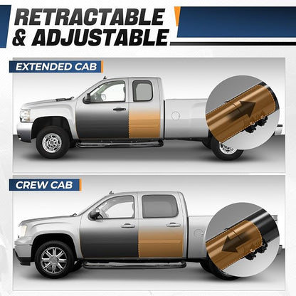 Auto Dynasty 4" Running Boards Retractable and Adjustable Design Compatible with 1999-2011 Chevy Silverado GMC Sierra Extended Cab Crew Cab, Steel Side Step Rail Nerf Bars, Powdercoat Black