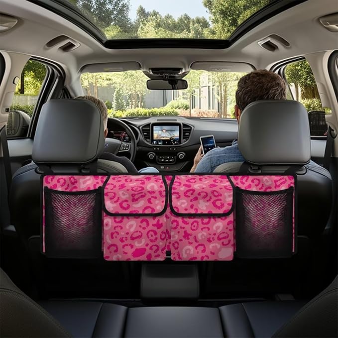 Sturdy Car Trunk Organizer Pink Leopard Print Trunk Hanging Storage Bag Multipurpose Cargo Bag,Frees Trunk Floor