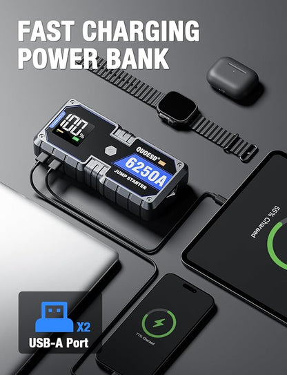 6250A Jump Starter Battery Jump Starter Battery Pack (for All Gas or 9.0+L Diesel), 2 USB Port, 12V Potable Car Jump Start with 3.2″ HD Display 48-Months Stand-by Time