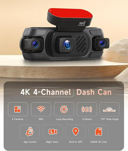 4K 360° Dash Cam 4-Channel Front/Rear/Inside/Side Car Dash Camera with WiFi, APP Control, Built-in GPS,128GB SD Card Included, 8 IR Night Vision, G-Sensor, 24/7 Parking Mode