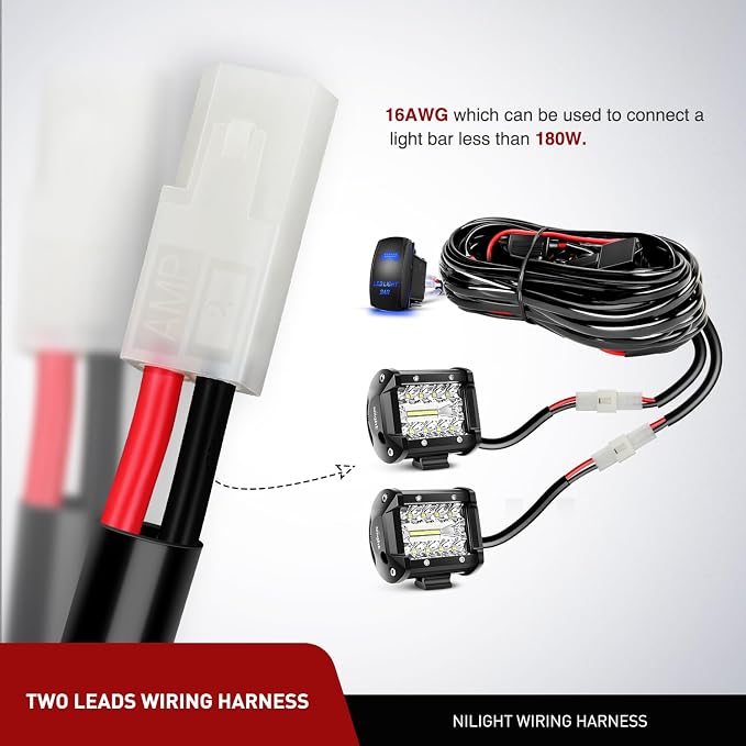 Nilight 4 Inch LED Light Pods 2PCS 18W Flood Fog Light Bar with 12V 5Pin Rocker Switch TE Connector Wiring Harness Kit-2 Leads for 4x4 offroad Pickup Truck ATV UTV SUV Golf Cart Boat