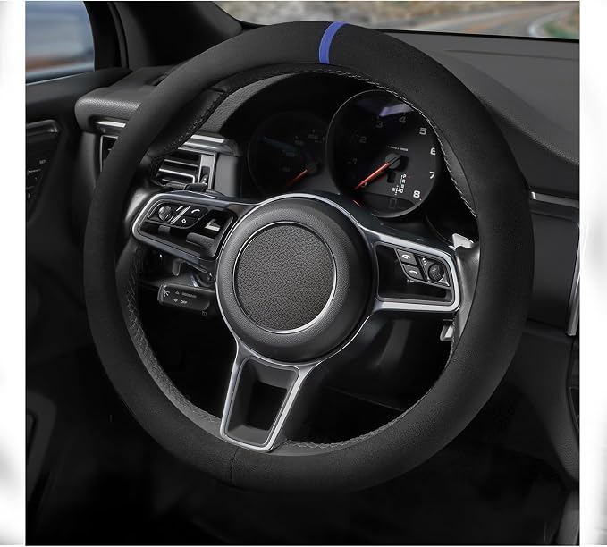 Suede Steering Wheel Cover with Upgraded Silicone Inner Ring, Breathable, Anti-Slip, Leather Universal 14.5 to 15 Inch Steering Wheel Cover (Black with Blue Mark)