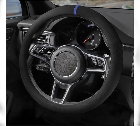 Suede Steering Wheel Cover with Upgraded Silicone Inner Ring, Breathable, Anti-Slip, Leather Universal 14.5 to 15 Inch Steering Wheel Cover (Black with Blue Mark)