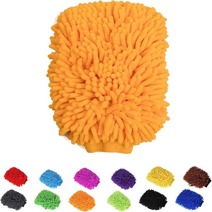 Car Wash Mitt Chenille Microfiber Super Absorbent, Premium Car Washing Gloves for Cleaning Cars, Trucks, Motorcycles (Orange)