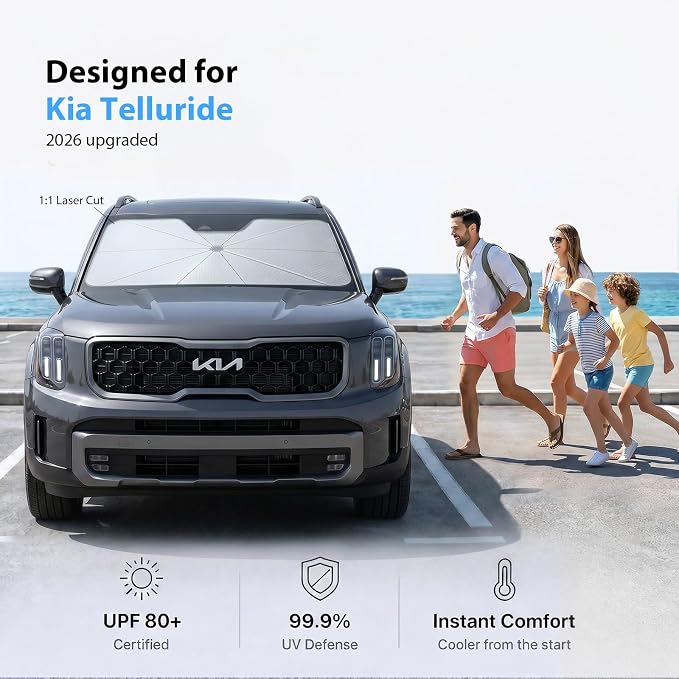 2026 Upgraded Windshield Sun Shade Umbrella for Kia Telluride [Precision Custom Fit, Superior UV & Heat Block] Cooling Tech Fabric, Durable Foldable with Storage Bag, Fits 2020-2025