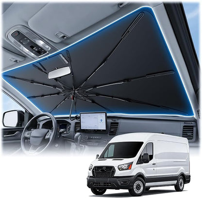 2026 Upgraded Windshield Sun Shade Umbrella for Ford-Transit-150 [Precision Custom Fit, Superior UV & Heat Block] Cooling Tech Fabric, Durable Foldable with Storage Bag, Fits 2015-2025