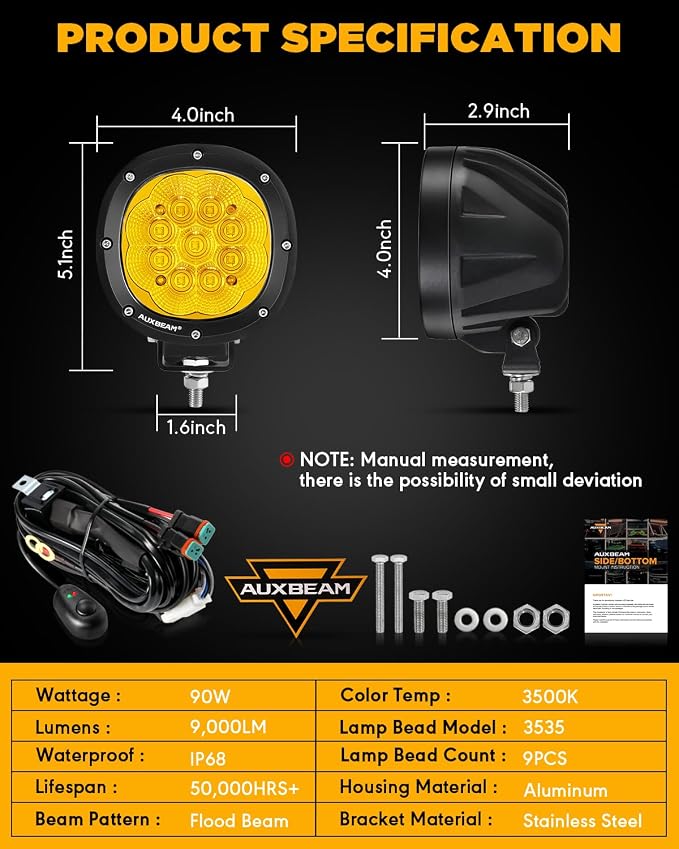 Auxbeam 4 Inch Amber Round LED Driving Light, 2PCS 90W 9000LM Yellow Fog Pods Light Bar Off-Road Flood Work Energy-Efficient Lights with DT Plug Wiring Harness Kit for Truck Jeep Pickup ATV UTV SUV