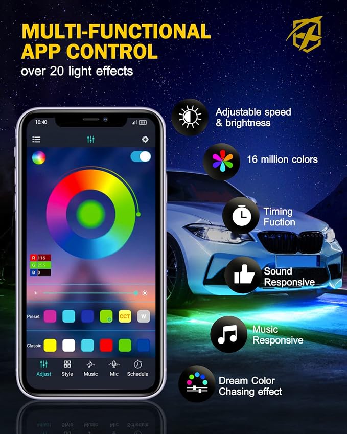 Xprite Car Underglow Light, 6 Pcs Under Glow Kit for Car with Dream Color Dancing Chasing, App & Remote Control 16 Million Colors Sound & Music Waterproof Under Glow Lights for Truck