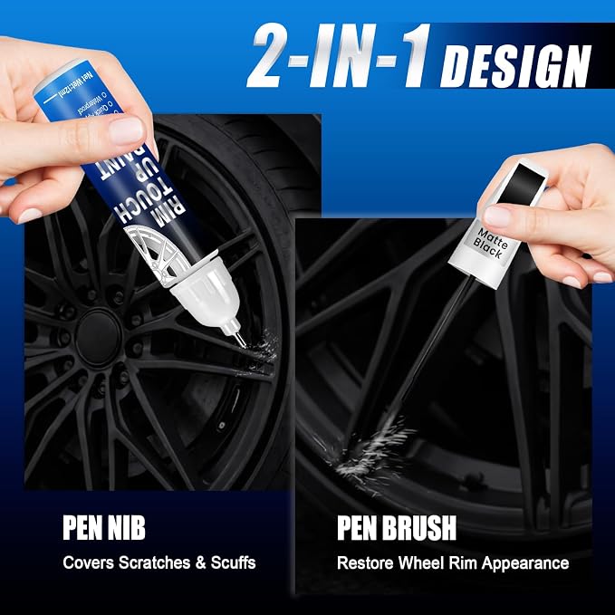 Matte Black Rim Touch Up Paint, 2-in-1 Brush & Tip, 0.4 fl oz - Universal Black Rim Curb Rash Repair Kit for Scratches, Scuffs Alloy/Metal Wheels, OEM Color Match, Quick-Dry & Long-Lasting